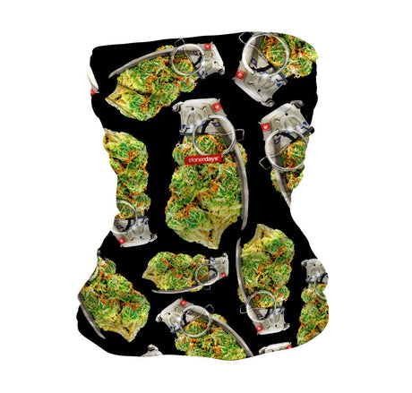 StonerDays Grenade Neck Gaiter with vibrant cannabis and grenade print on black background
