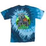StonerDays Grim Reefer Blue Tie Dye Tee, front view on a white background, featuring unique graphic design