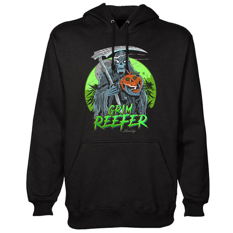 StonerDays Grim Reefer Hoodie, Black Cotton Blend with Graphic Print, Front View