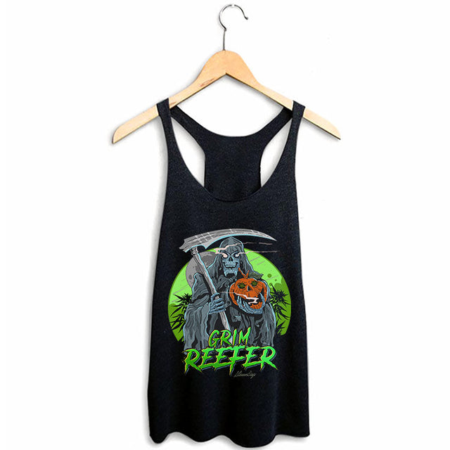 StonerDays Grim Reefer Racerback Tank Top in Black, Women's Cotton Blend, Front View