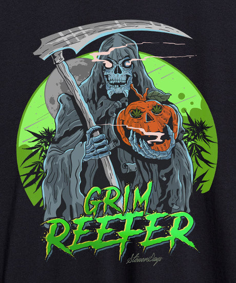 StonerDays Grim Reefer Tee graphic close-up, featuring reaper with pumpkin on black cotton