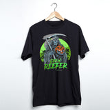 StonerDays Grim Reefer Tee in black, front view on hanger, with bold graphic design
