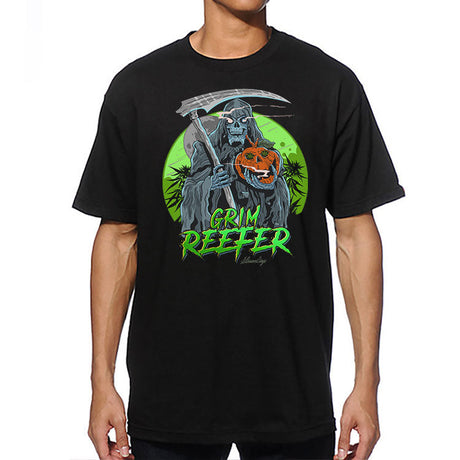 StonerDays Grim Reefer Tee front view on model, black cotton t-shirt with vibrant graphic print