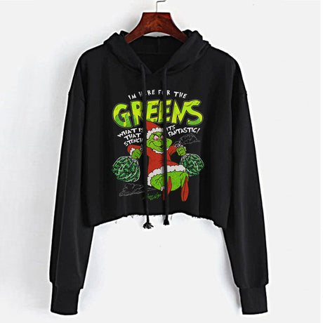 StonerDays Grinch-themed black crop top hoodie for women, front view on hanger with vibrant green print