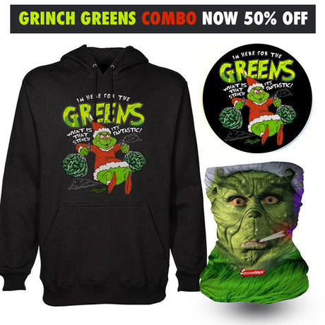 StonerDays Grinch Greens Combo featuring themed hoodie, sticker, and cushion front view