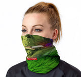 StonerDays Grinch Greens Gaiter worn on face with green leaf design, front view on white background
