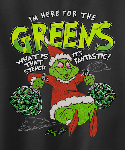 StonerDays Grinch Hoodie with vibrant green print, front view on a grey background