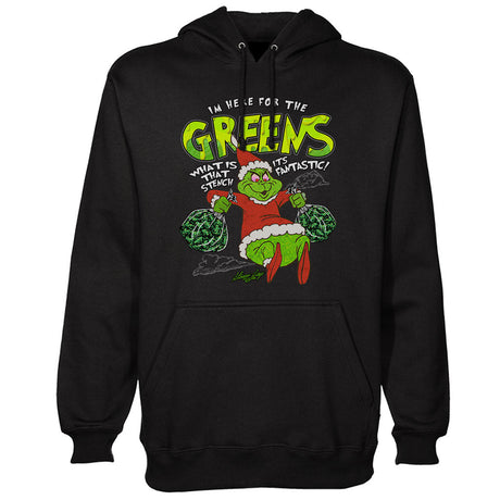 StonerDays Grinch Hoodie in black, front view, featuring a Grinch graphic with text "I'm here for the GREENS"