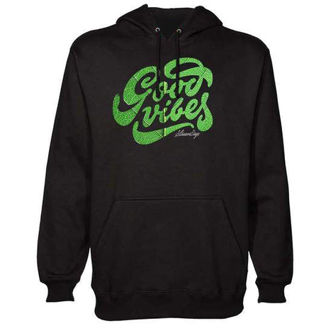 StonerDays Groovy Vibes Men's Hoodie in Black with Green Text, Front View