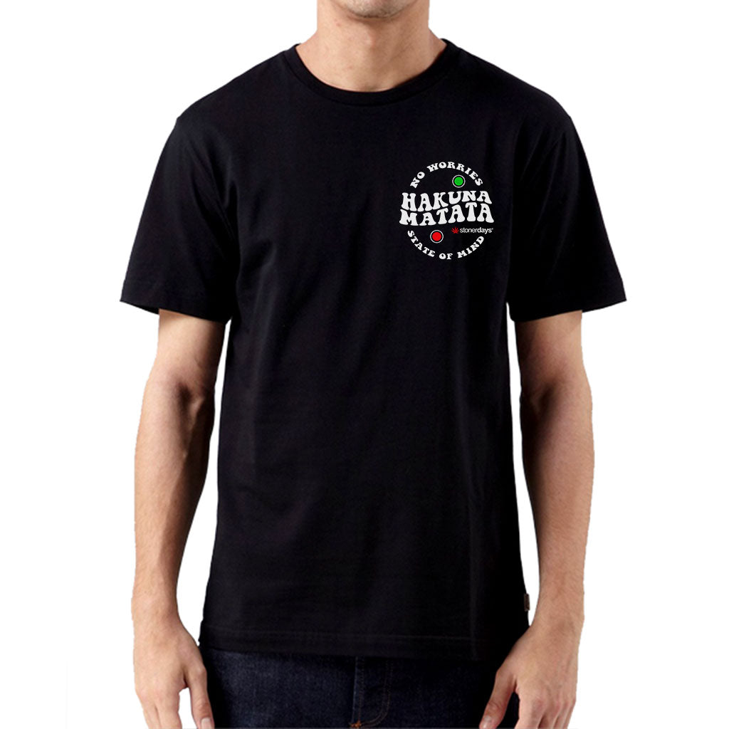 StonerDays Hakuna Matata black cotton t-shirt with white graphic, front view on male model