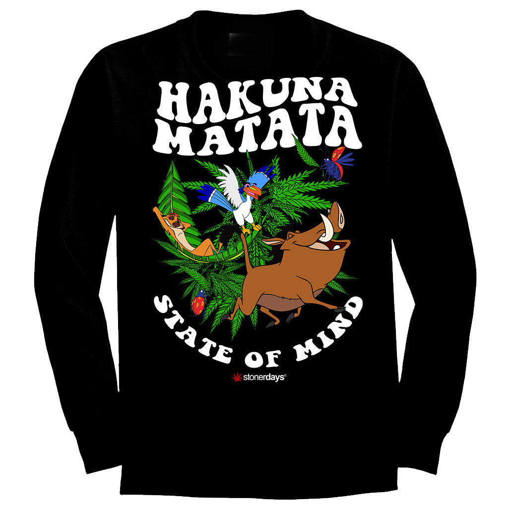 StonerDays Hakuna Matata Long Sleeve Shirt in Black, Front View, with Cannabis Leaf Design