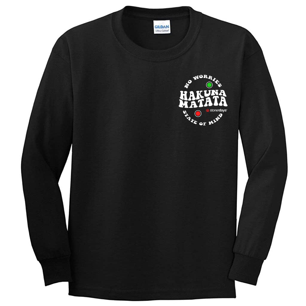 StonerDays Hakuna Matata Long Sleeve Shirt in black, front view, made in USA, cotton material