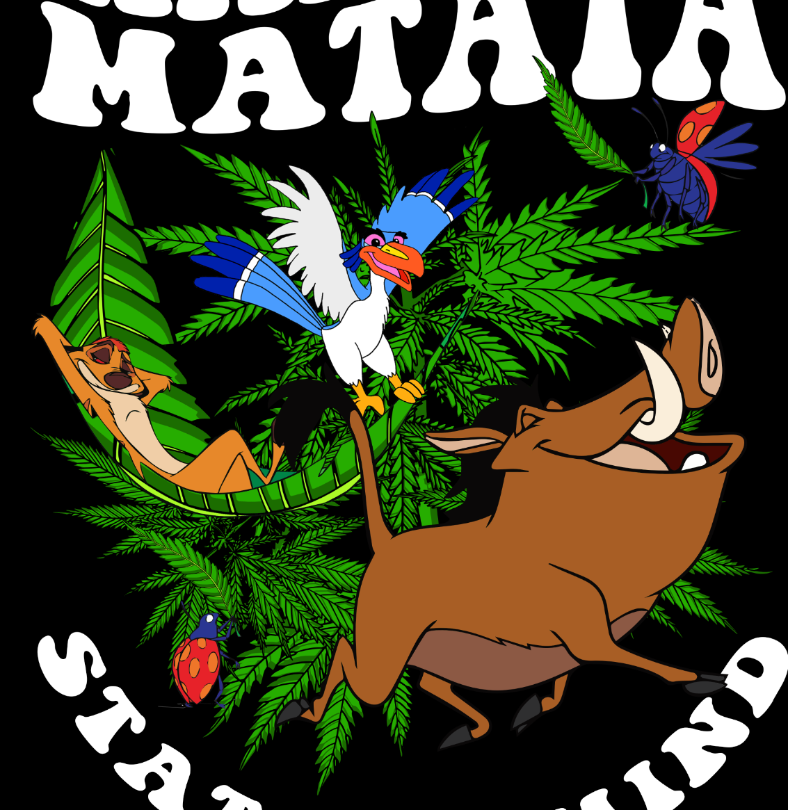 StonerDays Hakuna Matata Tank featuring vibrant cartoon characters on a cannabis leaf background
