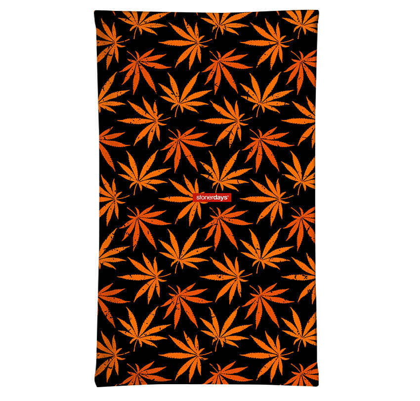 StonerDays Halloweed Neck Gaiter with vibrant cannabis leaf pattern, front view on white background
