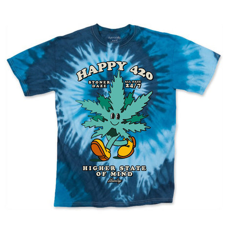 StonerDays Happy 420 Blue Tie Dye T-Shirt with Cartoon Cannabis Leaf Design, Front View