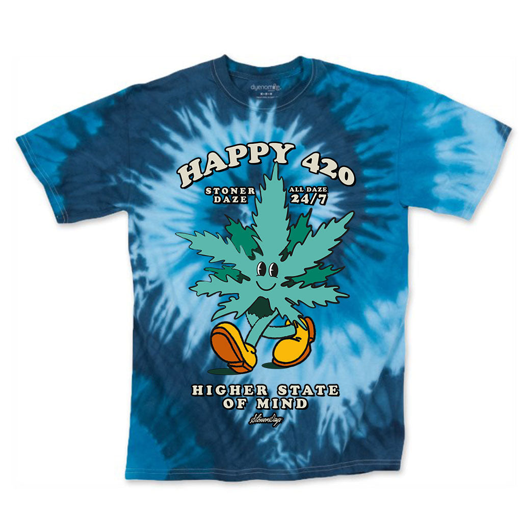 StonerDays Happy 420 Blue Tie Dye T-Shirt with Cartoon Cannabis Leaf Design, Front View