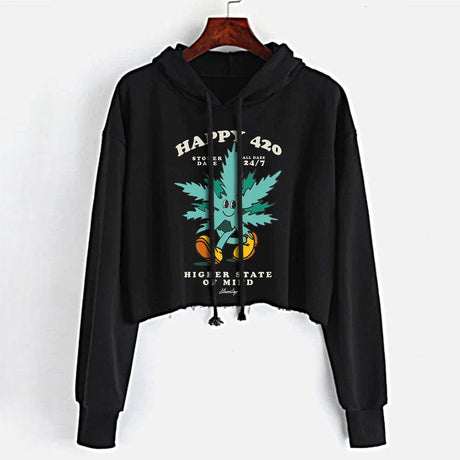StonerDays Happy 420 Crop Top Hoodie for Women in Black with Green Print, Front View