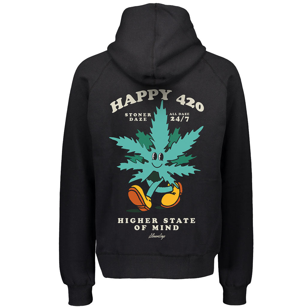 StonerDays Happy 420 Men's Black Cotton Hoodie with Cannabis Leaf Graphic - Back View