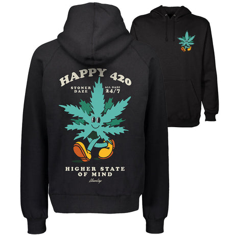 StonerDays Happy 420 Hoodie in black with cannabis leaf graphic, front and hood view, cotton material
