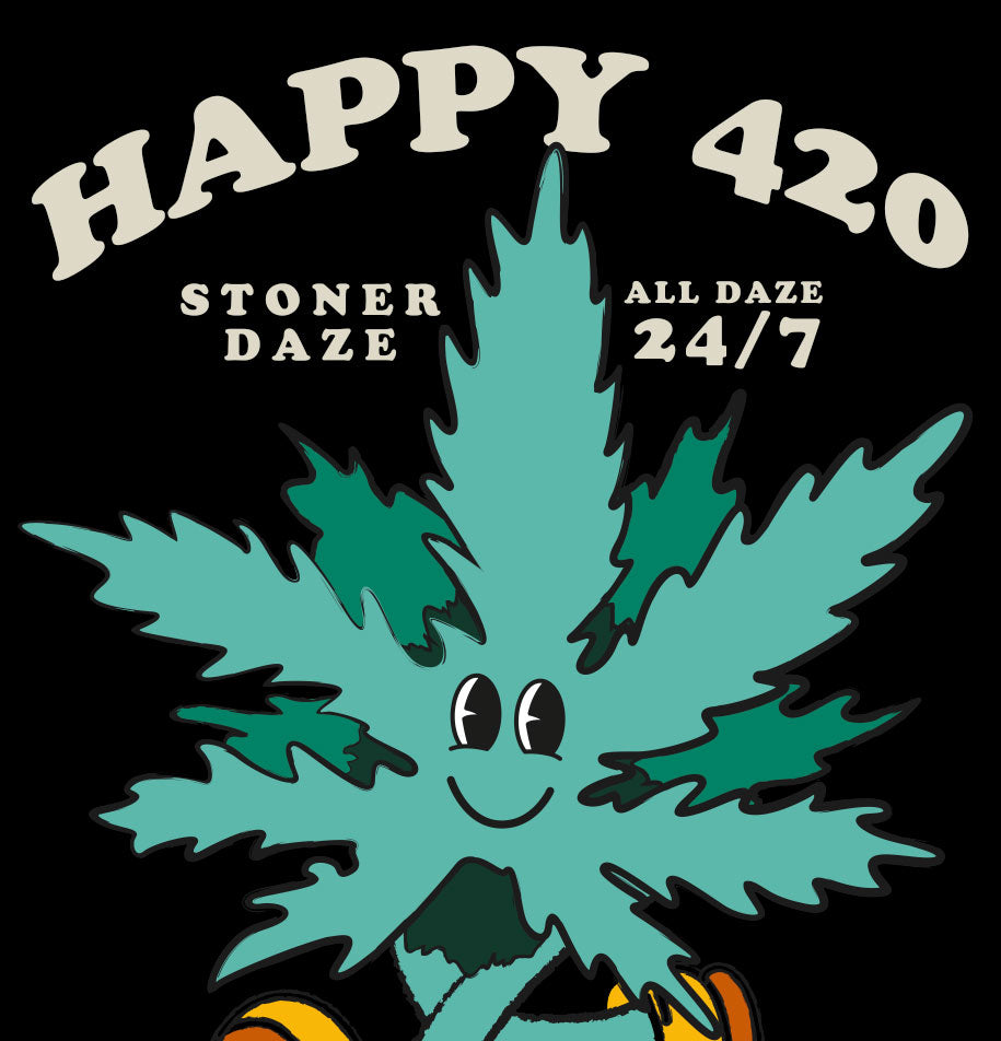 StonerDays Happy 420 Long Sleeve shirt with a cartoon cannabis leaf design, front view on black background