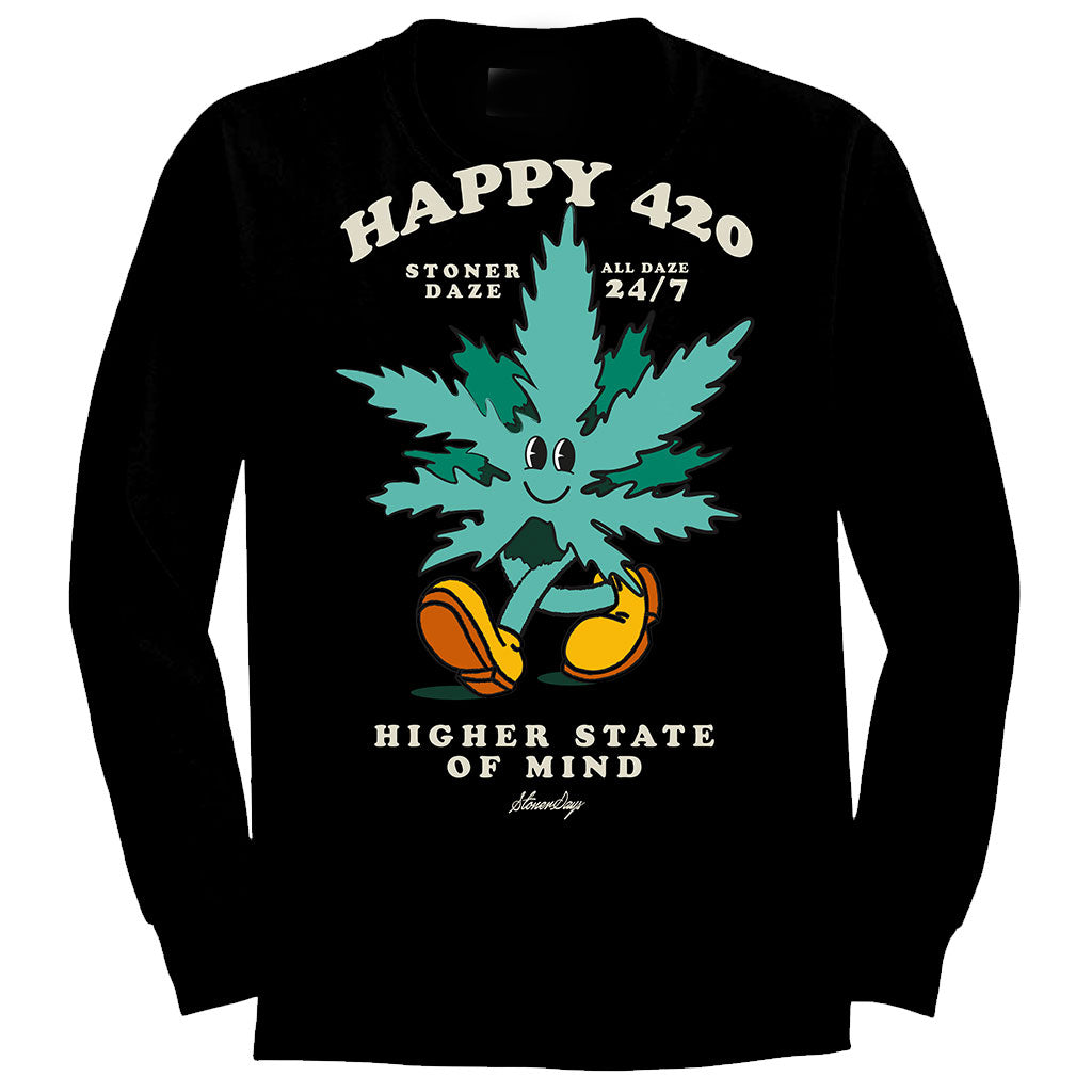StonerDays Happy 420 Long Sleeve Shirt with Cartoon Graphic, Unisex Cotton Apparel