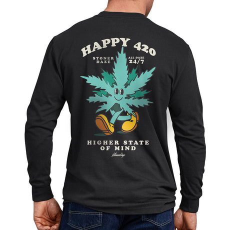 StonerDays Happy 420 Long Sleeve Shirt, rear view with graphic design, unisex cotton