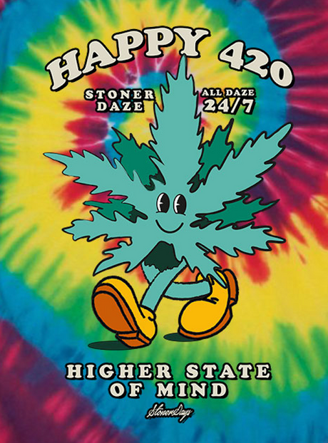 StonerDays Happy 420 OG Tie Dye T-Shirt with Cannabis Leaf Design, Rainbow Colors