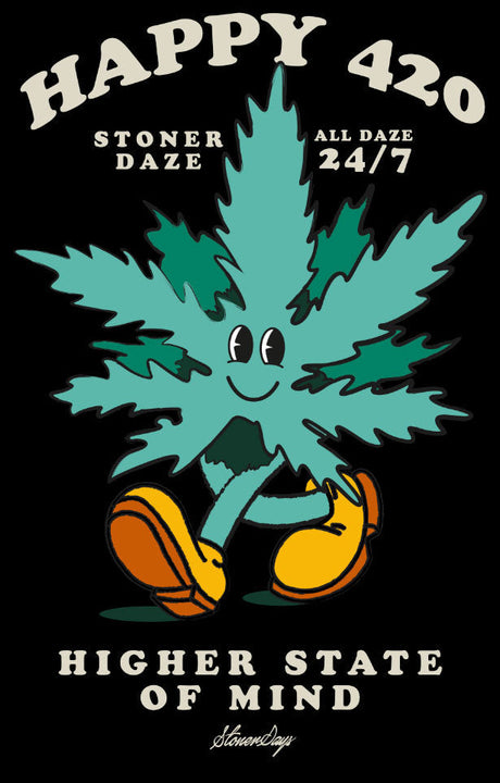 StonerDays Happy 420 Tank with a graphic of a smiling cannabis leaf on a black background