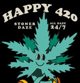 StonerDays Happy 420 Tank with graphic leaf design, unisex fit, front view on black background