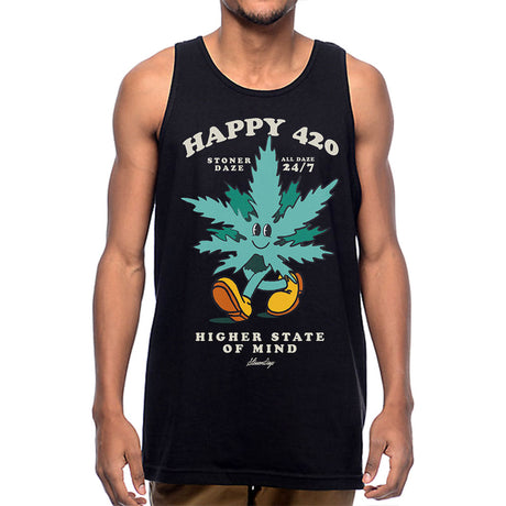 StonerDays Happy 420 Tank top with cannabis leaf graphic, unisex fit, front view on model