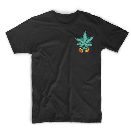 StonerDays Happy 420 Tee in black cotton with vibrant leaf and lighter graphic, front view