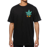 StonerDays Happy 420 Tee in black cotton, front view with centered cannabis leaf and lighter graphic