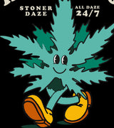 StonerDays Happy 420 Tee featuring a relaxed cartoon leaf character, front view on black background