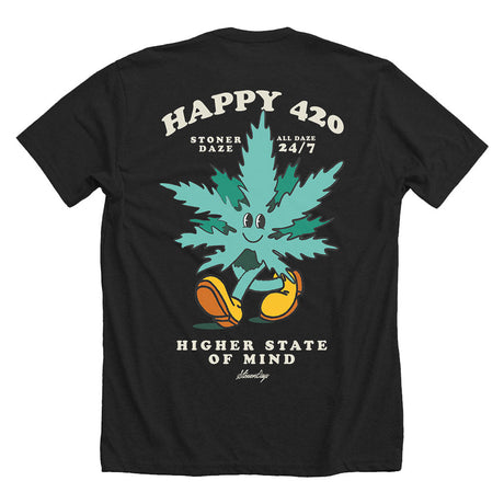 StonerDays Happy 420 Tee in black cotton, rear view with festive cannabis leaf graphic