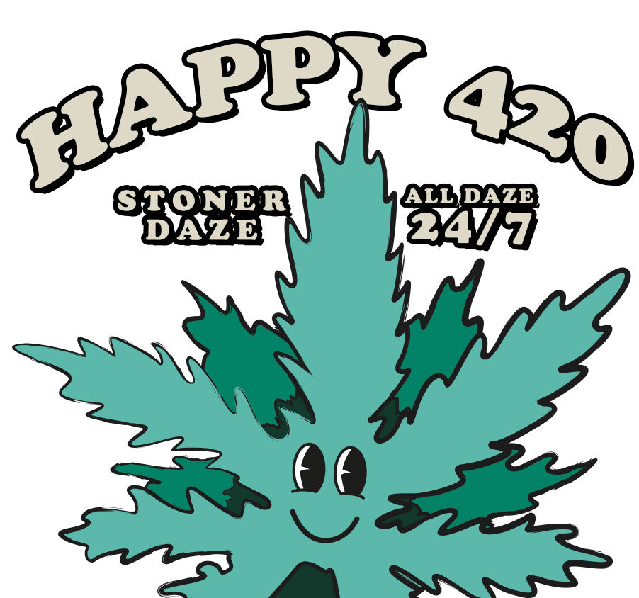 StonerDays Happy 420 White Tee featuring a smiling cannabis leaf graphic, perfect for celebrations
