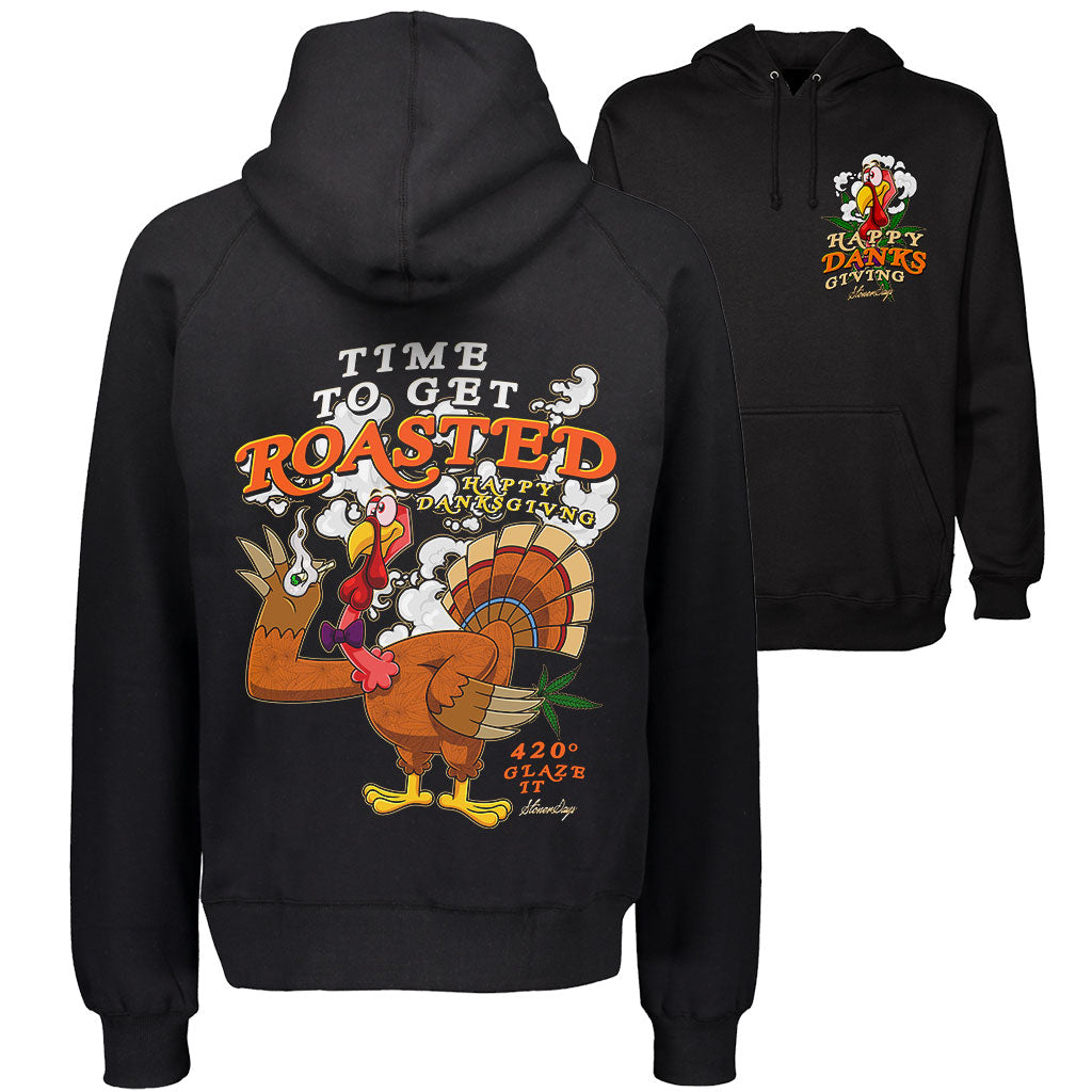 StonerDays Happy Danksgiving Hoodie in black with festive turkey graphic, front and back view