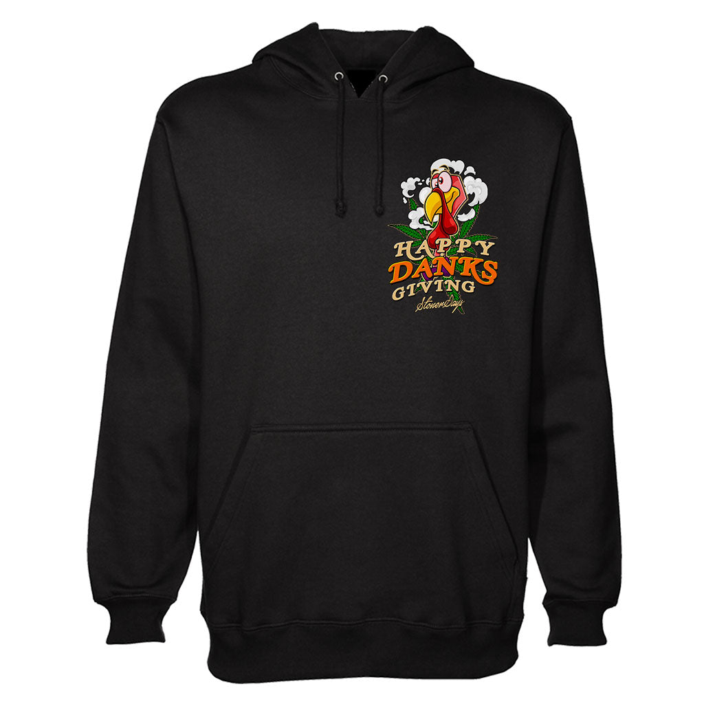 StonerDays Happy Danksgiving black hoodie with festive turkey graphic, front view on white background