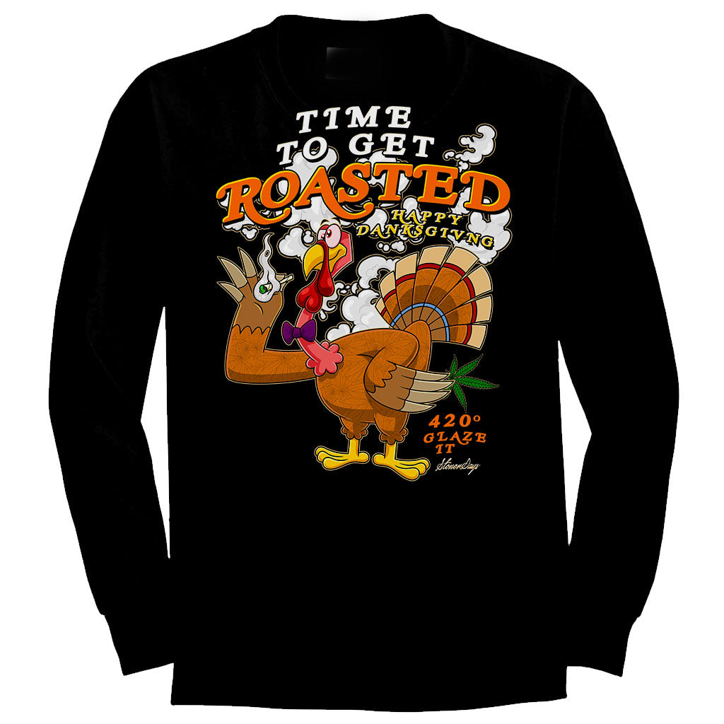 StonerDays Happy Danksgiving Long Sleeve Shirt with Cartoon Turkey Design - Front View