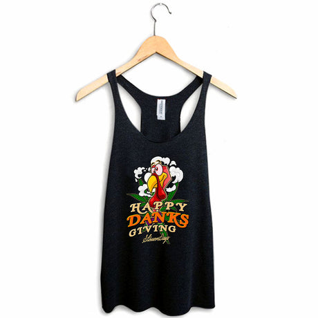 StonerDays Happy Danksgiving women's racerback tank top in black, front view on hanger