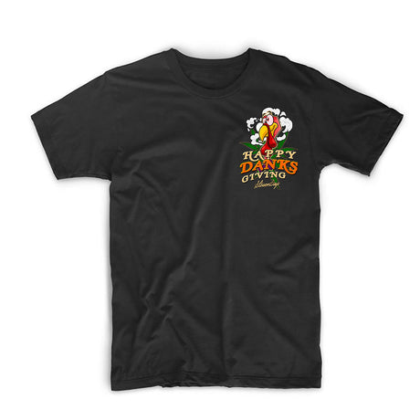 StonerDays Happy Danksgiving black cotton T-shirt with festive graphic, front view on white