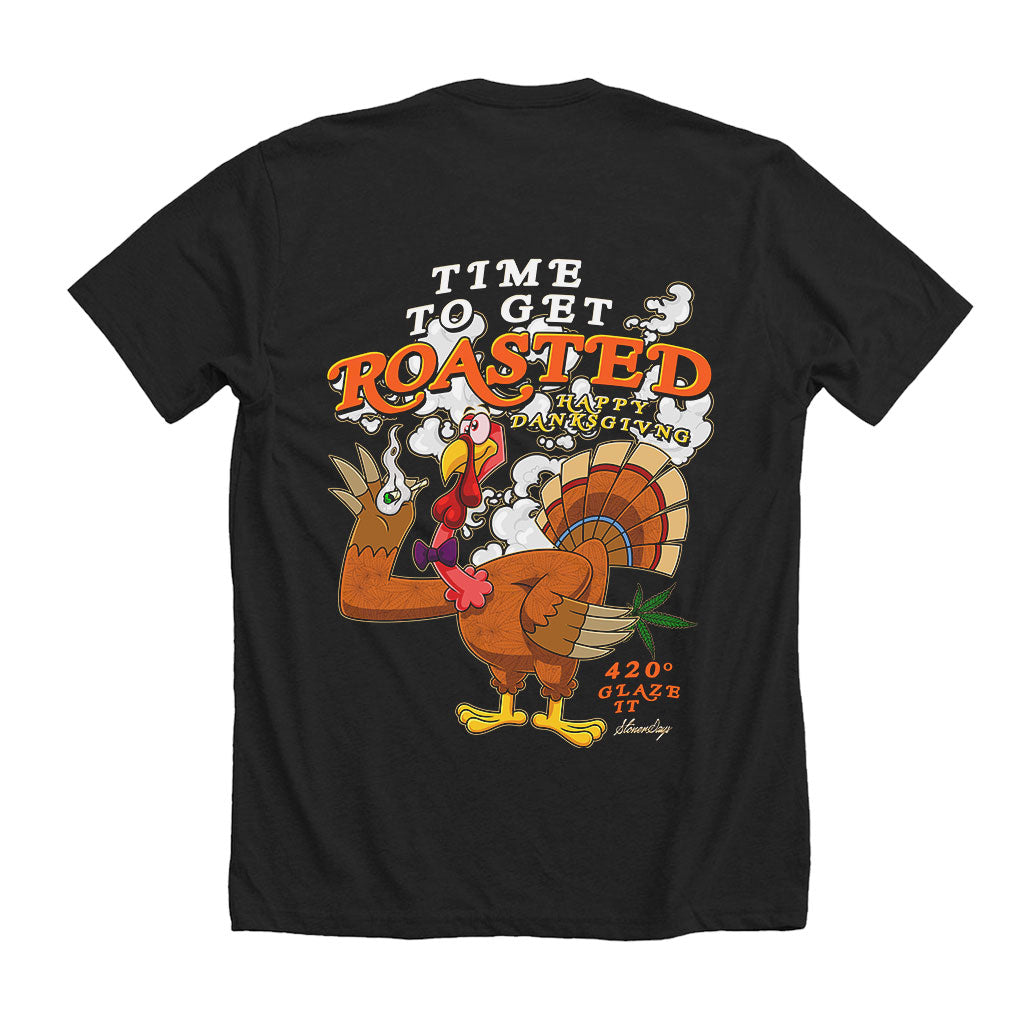 StonerDays Happy Danksgiving T-shirt with cartoon turkey design, black cotton, rear view