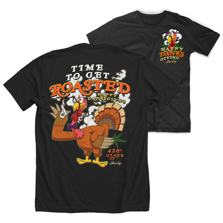 StonerDays Happy Danksgiving T-shirt in black cotton, front and back design view
