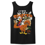 StonerDays Happy Danksgiving Tank featuring a cartoon turkey with a chillum on black cotton fabric, front view.