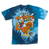 StonerDays Happy Danksgiving Tie Dye Tee in blue with cartoon turkey graphic, front view on white background