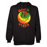 StonerDays Happy Face Good Vibes Hoodie in black with Rasta colors, front view on white background