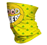 StonerDays Happy Face Good Vibes Neck Gaiter in yellow with cannabis leaf pattern