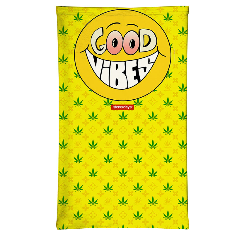 StonerDays Happy Face Good Vibes Neck Gaiter with cannabis leaf pattern on yellow background