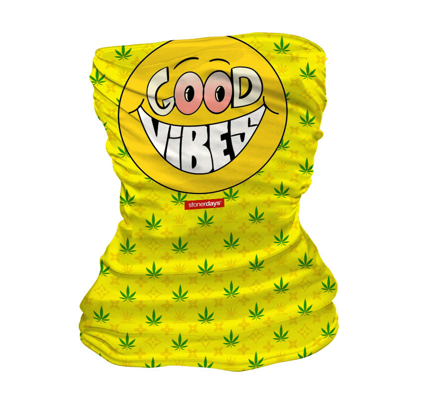 StonerDays Happy Face Good Vibes Neck Gaiter with cannabis leaf print on yellow background