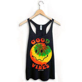 StonerDays Happy Face Good Vibes Racerback tank top in black, front view on hanger