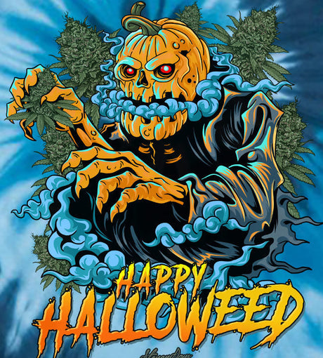 StonerDays Happy Halloweed Tee with blue tie-dye design and festive pumpkin graphic